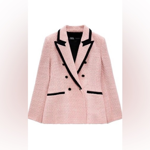 Zara Textured Blazer with Contrast Piping on Pink and Black Size XS - Picture 3 of 7